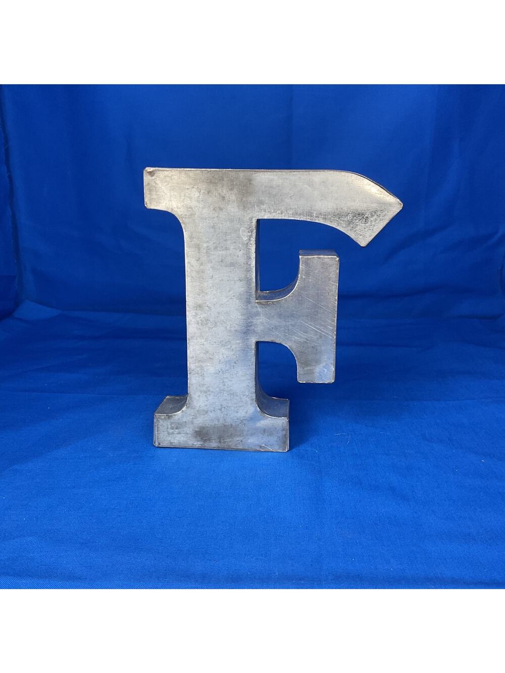 Vintage Galvanized Metal Letter "F" - Freestanding 3D Industrial Monogram